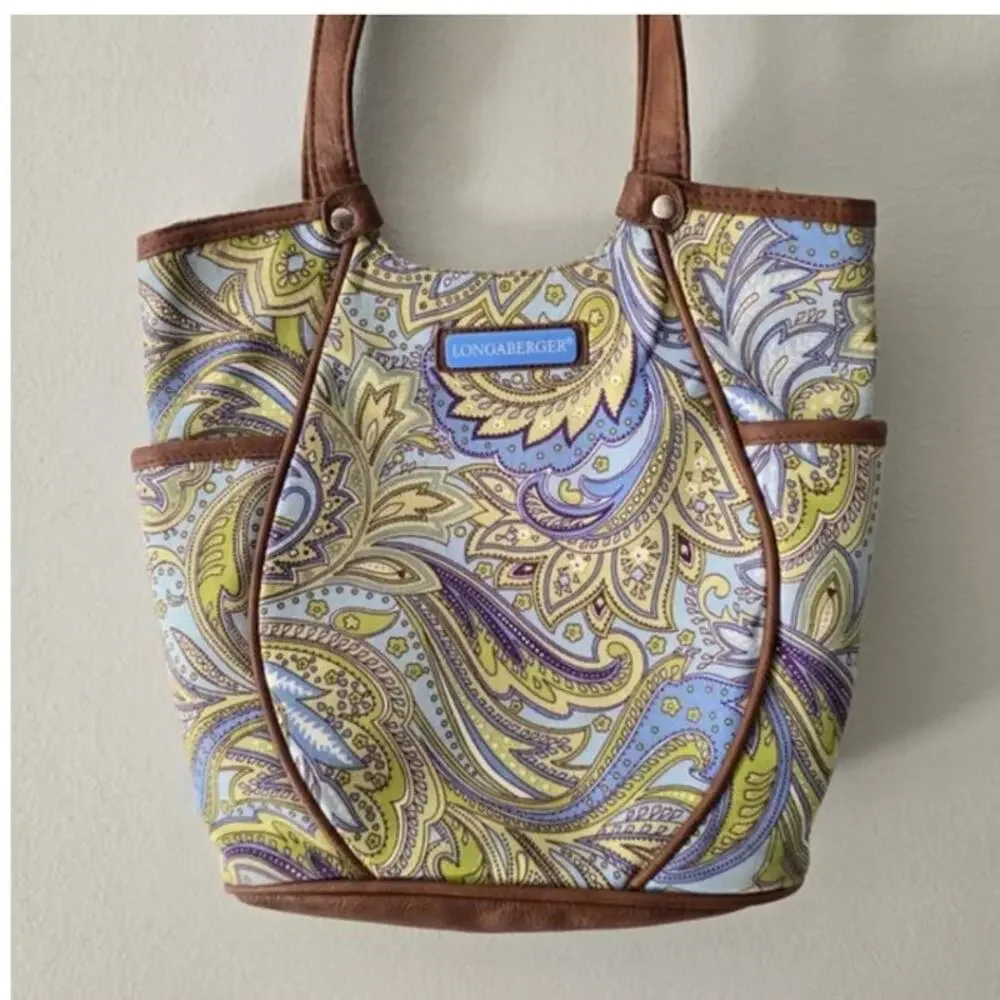 Longaberger Tote Blue Green Paisley Faux Leather Trim Handles EUC